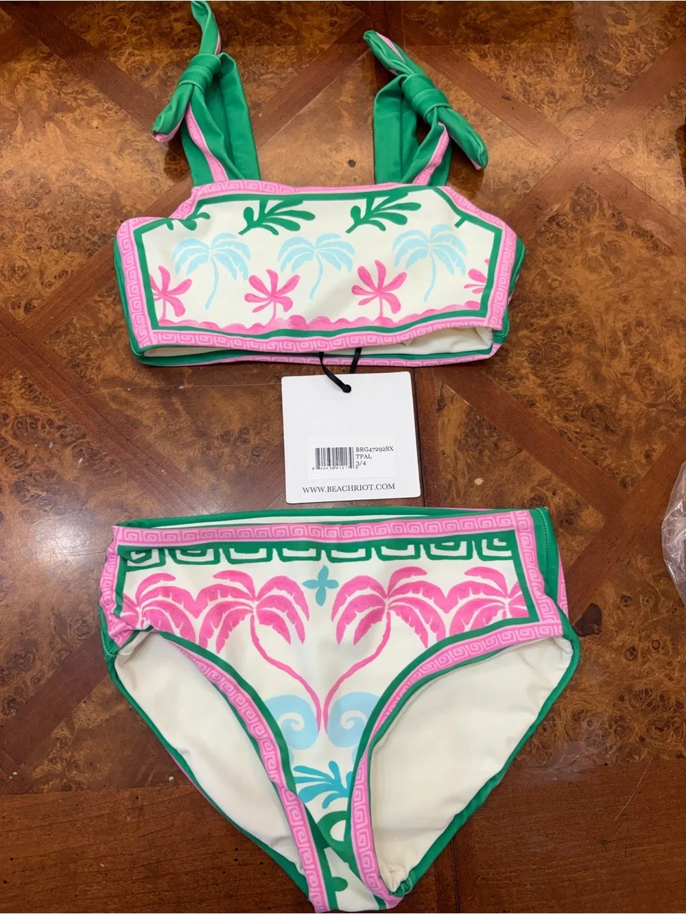 Beach Riot Pink, Green & Cream Tropical Knot-Strap Bikini Set